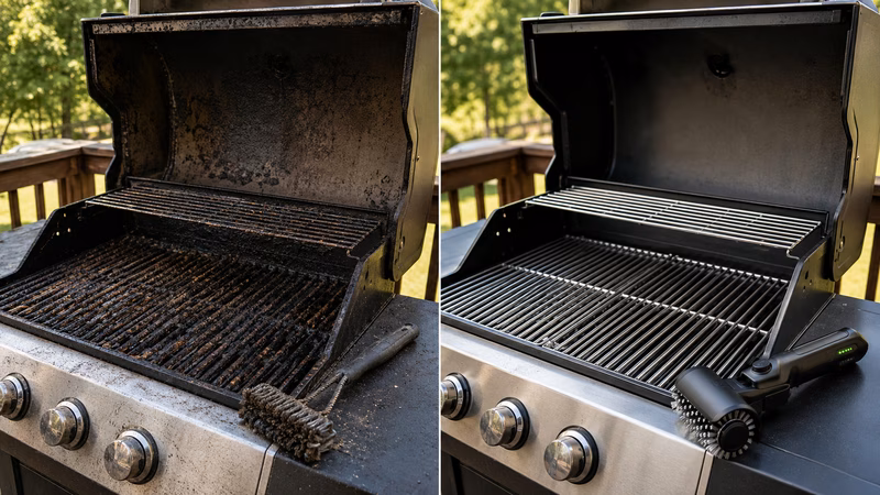 Gefrustreerde man die moeite heeft om aangebrand vet van een vuile barbecue te schrapen.